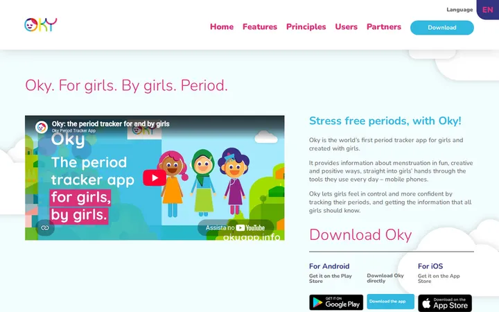 The Oky home page: “Oky. For girls. By girls. Period.”